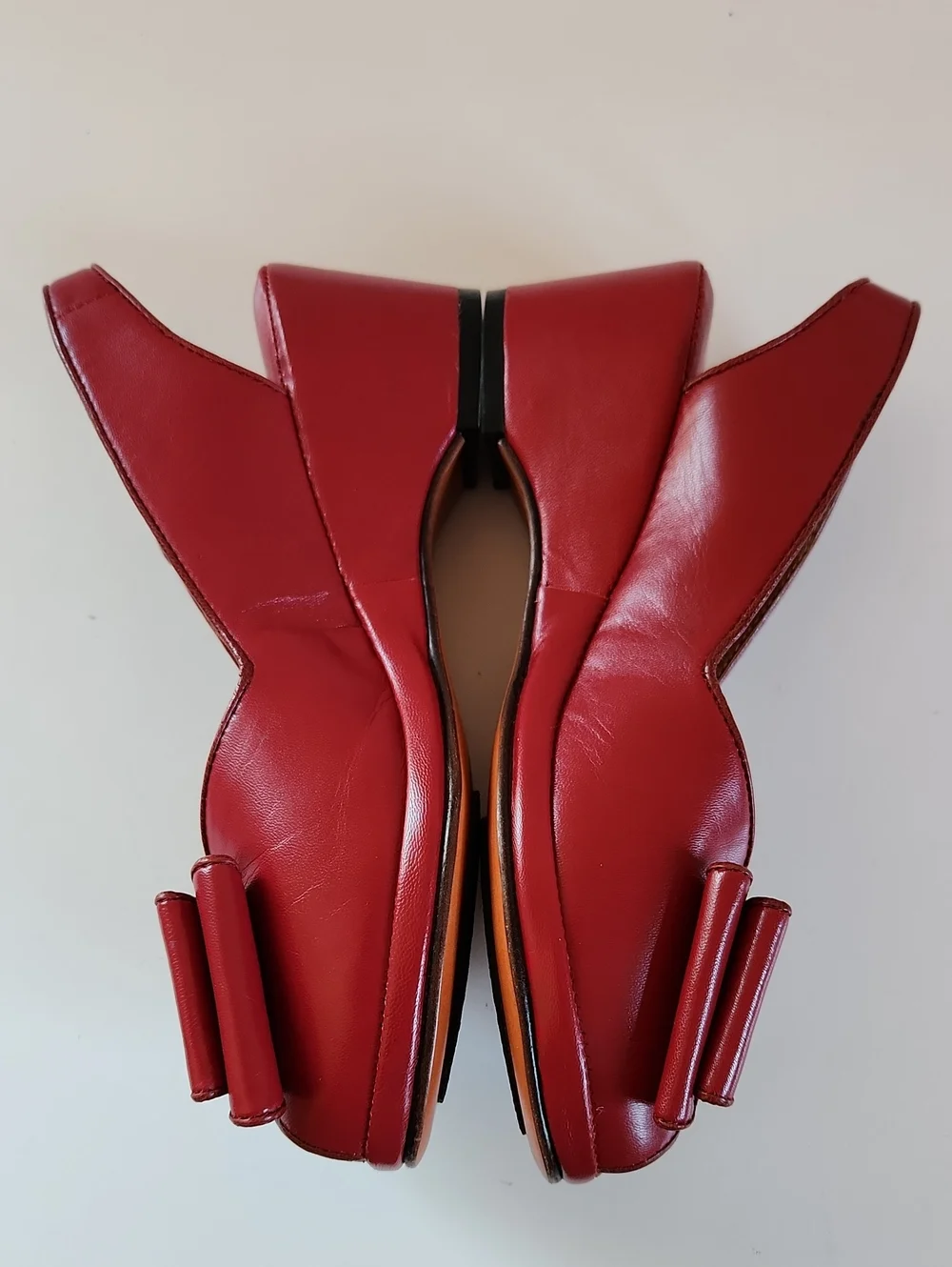 Re-mix Classic Vintage Gloria Red Leather Slingback Wedge  Heels with Bow Size 7